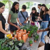 First-year students looking at small potted plants on a table.